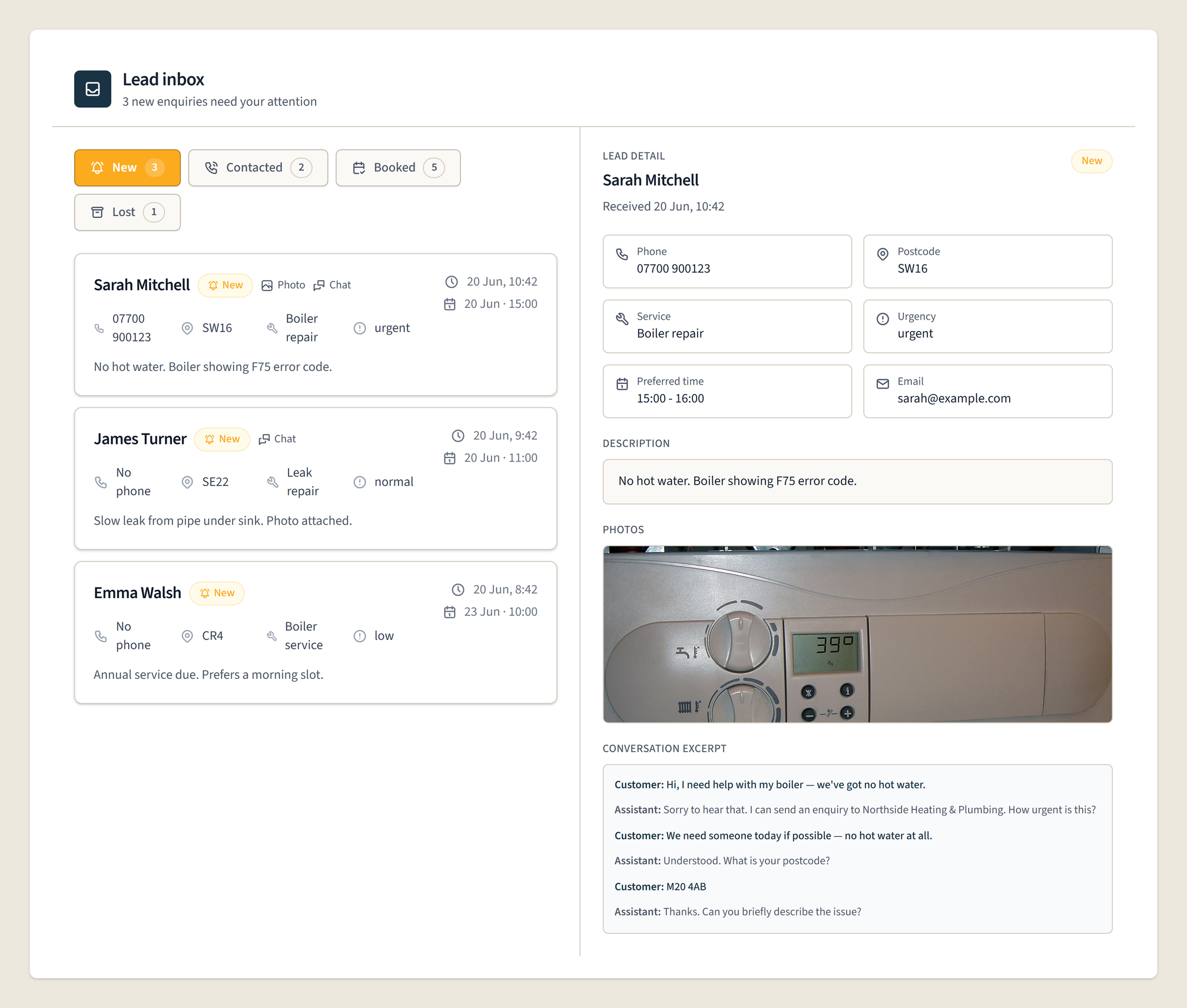 Kerviqa lead inbox with enquiry cards and lead detail panel